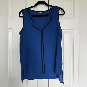 Pleione Royal Blue Sleeveless V-Neck Blouse with Black Trim
